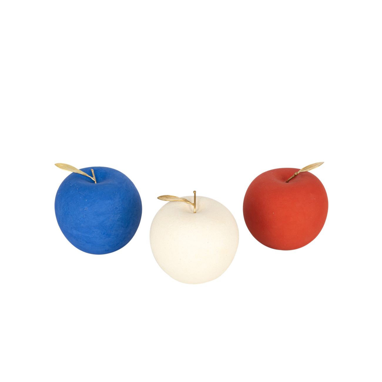 Set of 3 Handmade Ceramic & Brass Decorative Apples, Red, White, Blue